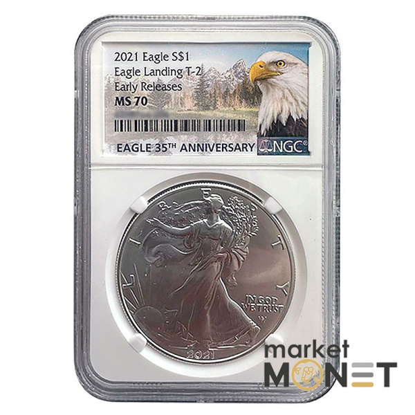 Срібна монета 1 доллар 2021 року, США. Американський орел в слабі MS 70