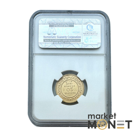 Золота монета 20 франків АН1918/1900 Туніс 900 6.452 г. у слабі MS 61