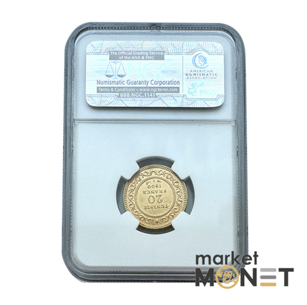 Золота монета 20 франків АН1918/1900 Туніс 900 6.452 г. у слабі MS 61