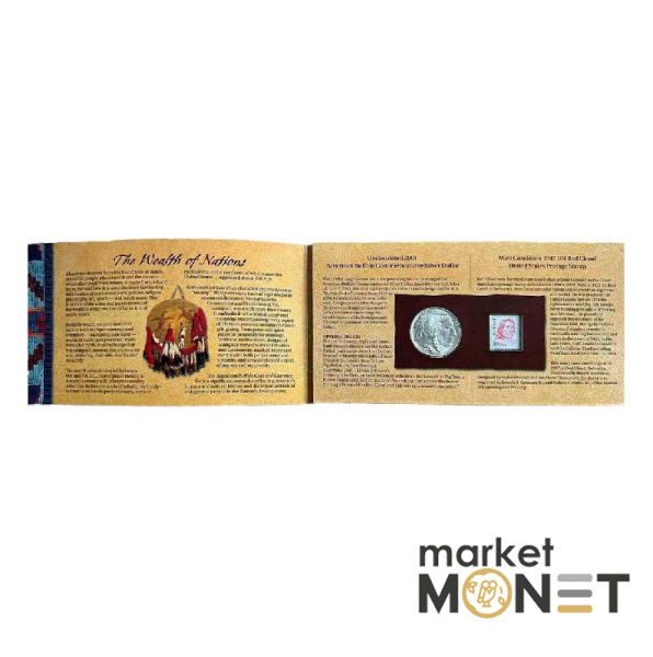 Набір срібна монета 1 долар 2001 та банкнота 5 доларів 1899,  «Американський бізон».