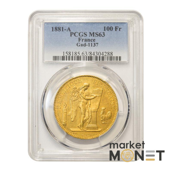 Золота монета 100 франків 1881 Франція в слабі MS 63