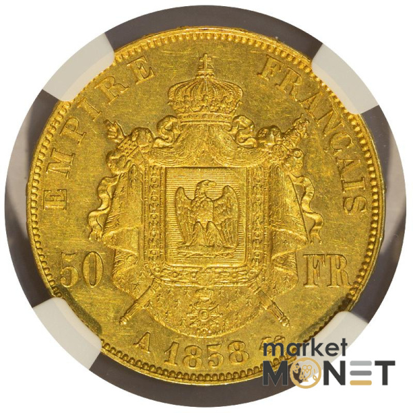 Золота монета  50 франків 1858А Франція в слабі MS61