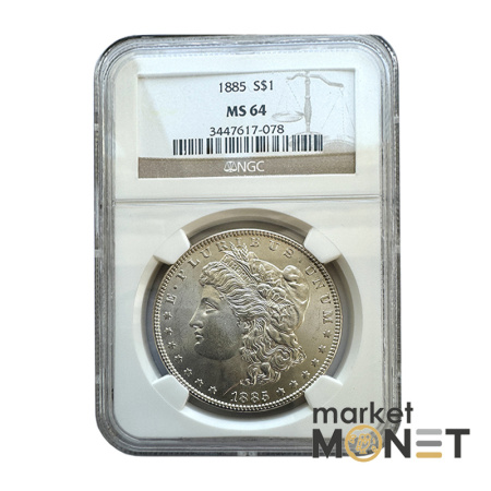 Срібна монета 1 долар 1885 США 900 долар Моргана, монетний двір - Філадельфія, в слабі MS 64 (2)