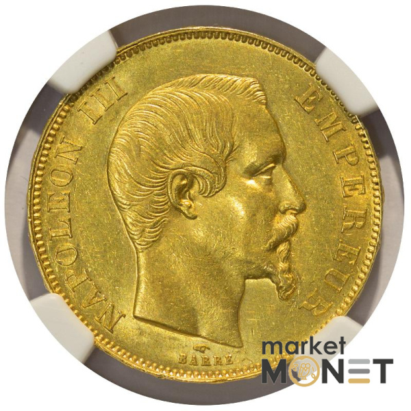 Золота монета  50 франків 1858А Франція в слабі MS61