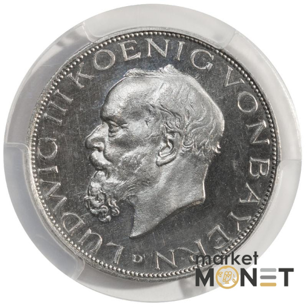 Срібна монета 3 марки 1914-D Німеччина Баварія Людвіг III в слабі PR63CAM