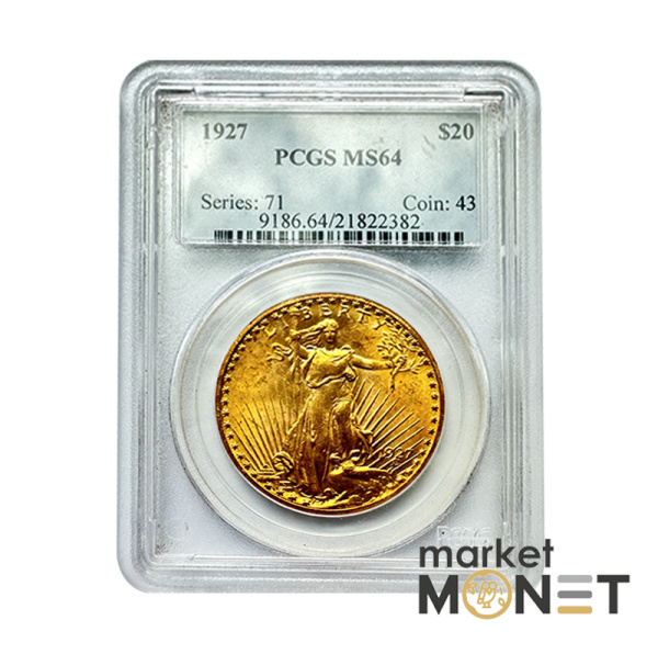 Золота монета 20 доларів 1927 США 900 33.5 г. у слабі MS 64