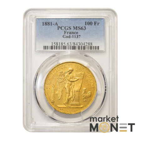 Золота монета 100 франків 1881 Франція в слабі MS 63