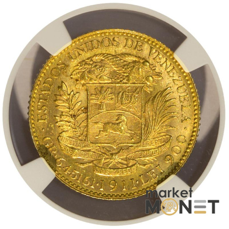 Золота монета 20 боліварів 1911 року Венесуела у слабі MS 64