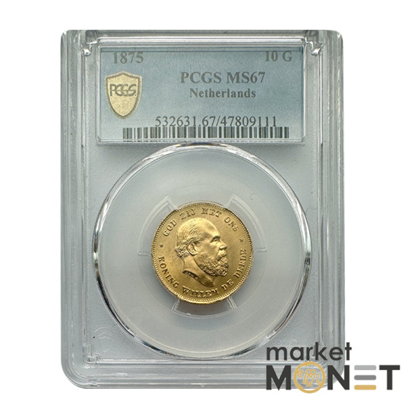 Золота монета 10 гульденів 1875 Нідерланди у слабі MS67