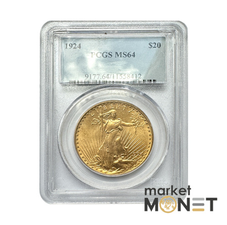 Золота монета 20 доларів 1924 США 900 33.5 г. у слабі MS 64