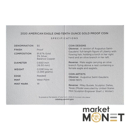 Золота монета 5 доларів 2020 США 1/10 oz Американський Орел