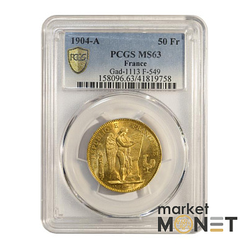 Золота монета 50 франків 1904 А Франція в слабі MS 63