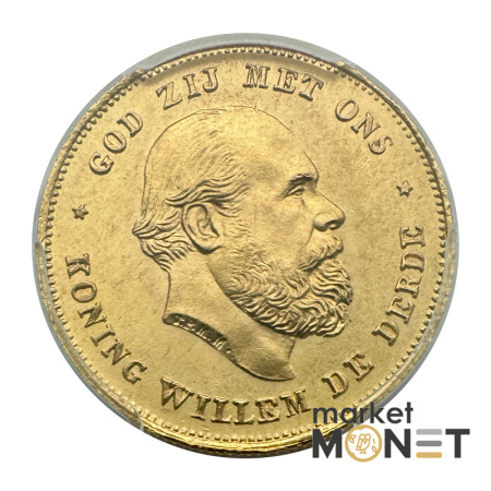 Золота монета 10 гульденів 1875 Нідерланди у слабі MS67