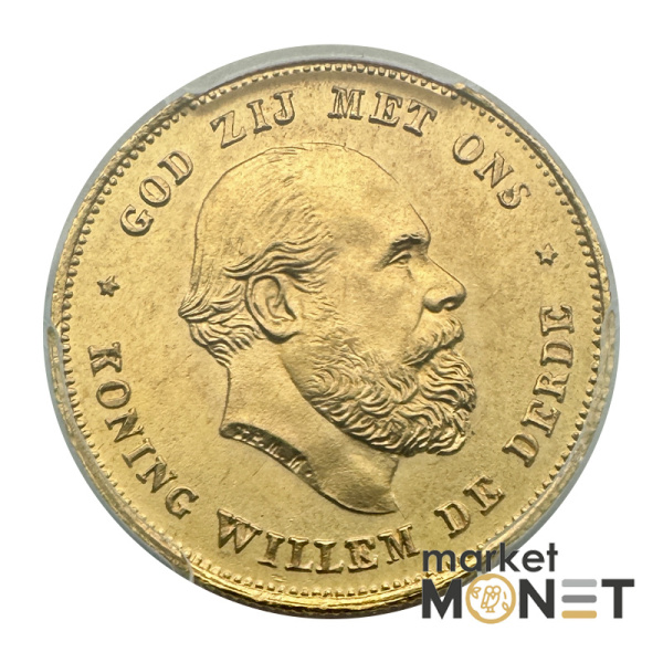 Золота монета 10 гульденів 1875 Нідерланди у слабі MS67