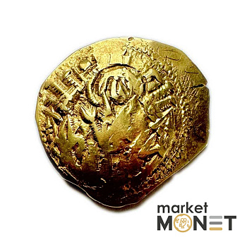 Золота Візантійська монета Андронік II і Андронік III, 1325 -1334 рр. н.е. Золото Гіперпірон (4,13 г) Константинополя. Діва Марія в стінах міста / Христос між обома імператорами.