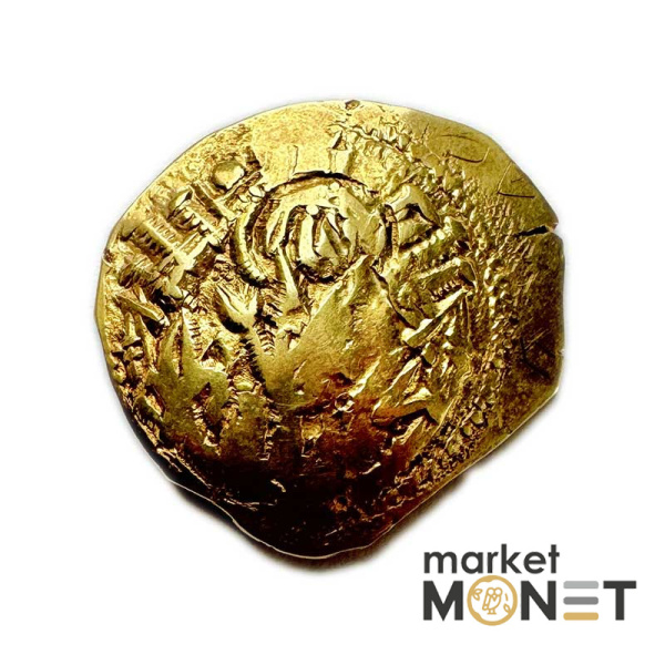 Золота Візантійська монета Андронік II і Андронік III, 1325 -1334 рр. н.е. Золото Гіперпірон (4,13 г) Константинополя. Діва Марія в стінах міста / Христос між обома імператорами.