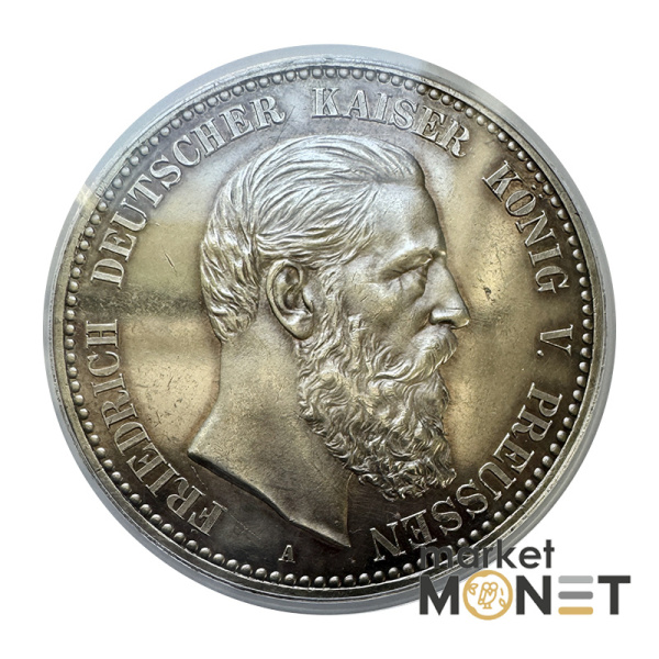 Срібна монета 5 марок 1888-А Прусія 900 PROOF в слабі PR61CAM 