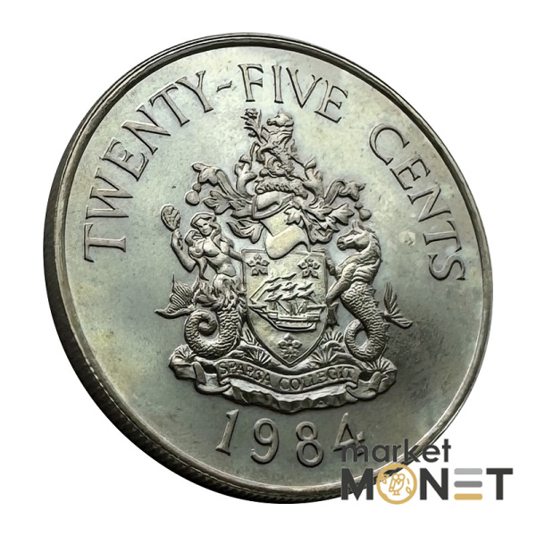 Монета 25 центів 1984 Бермудські Острови Королева Єлизавета II (375 лет Бермудам - Герб города Гамильтон) Proof